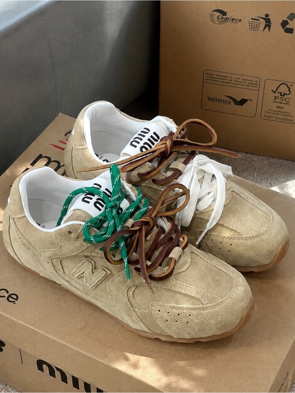 Miu Miu Beige Suede Kids Sneakers with Brown, Green & White Laces